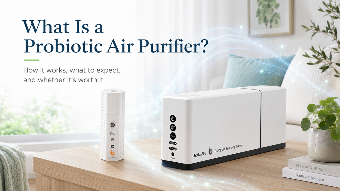 What is a probiotic air purifier — EnviroBiotics Biotica 800 and BioLogic Mini in a living room