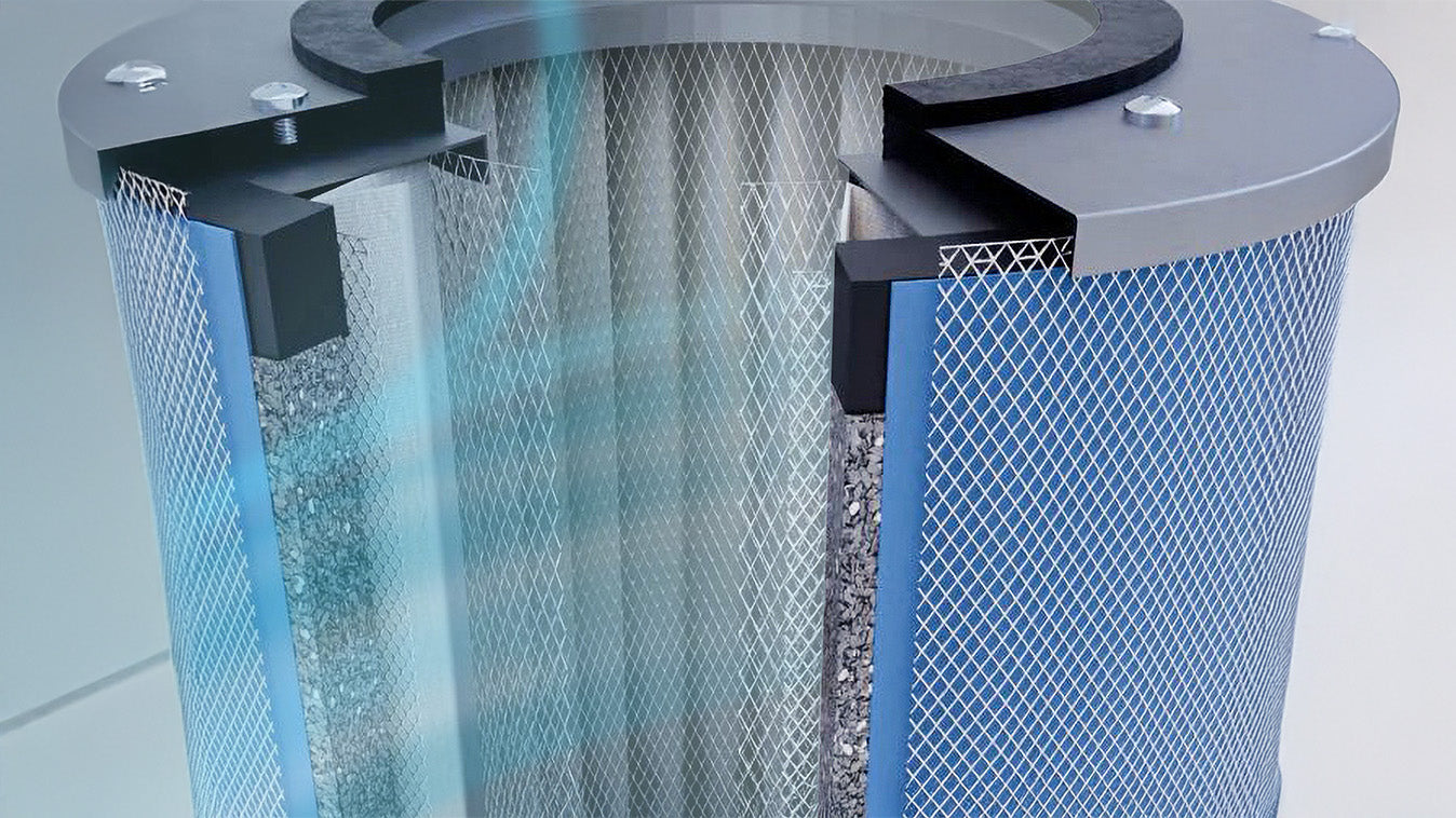 Close up cutaway of a Austin Air filter with the various layers and air flowing through