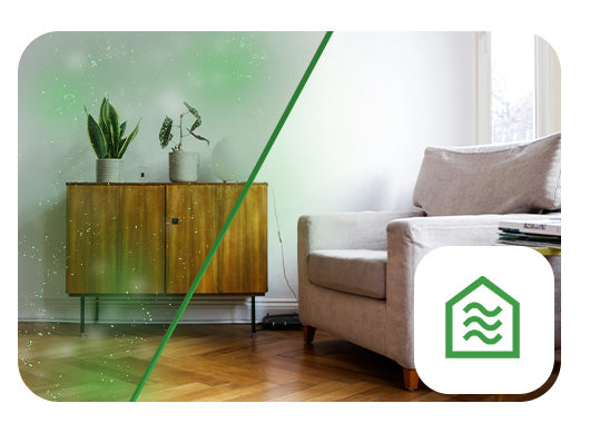Living room with a sofa, cabinet, and plants, featuring a green Indoor Air quality icon on the right.