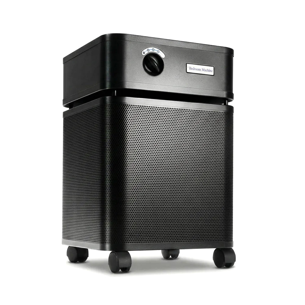 Black Austin Air purifier on a white background facing right 3/4