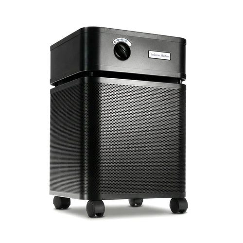 Black Austin Air purifier on a white background facing right 3/4