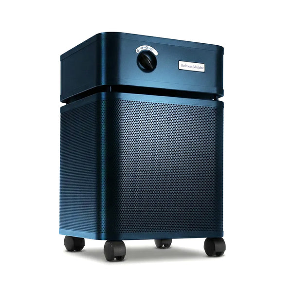Blue Austin Air purifier on a white background facing right 3/4