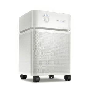 White Austin Air purifier on a white background facing right 3/4
