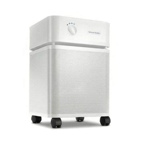 White Austin Air purifier on a white background facing right 3/4