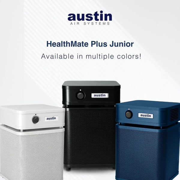 Three air purifiers in white, black, and blue with 'austin' branding on a light gray background.