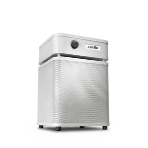 White air purifier standing at a 3/4 angle in sandstone color