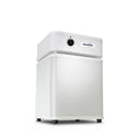 White air purifier standing at a 3/4 angle in white color