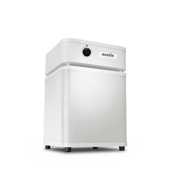 White air purifier standing at a 3/4 angle in white color