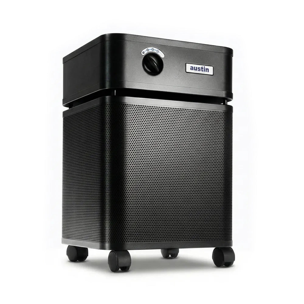 White Austin Standard air purifier at 3/4 angle on a white background