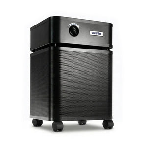 Black Austin Standard air purifier at 3/4 angle on a white background