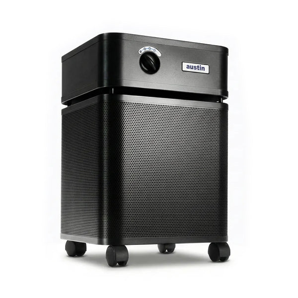 Black Austin Standard air purifier at 3/4 angle on a white background