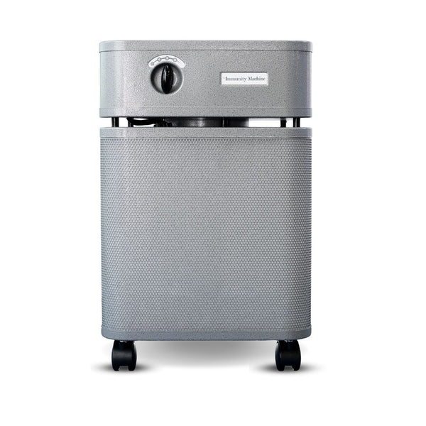 Gray air purifier with textured design on a white background - facing front