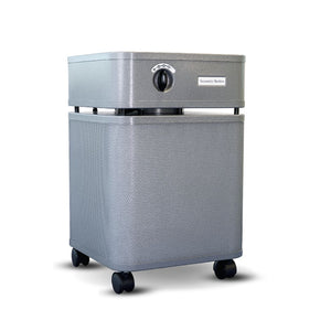 Gray air purifier with textured design on a white background - 3/4 angle