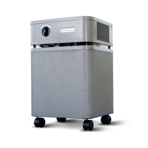 Gray air purifier with textured design on a white background - 3/4 angle facing left