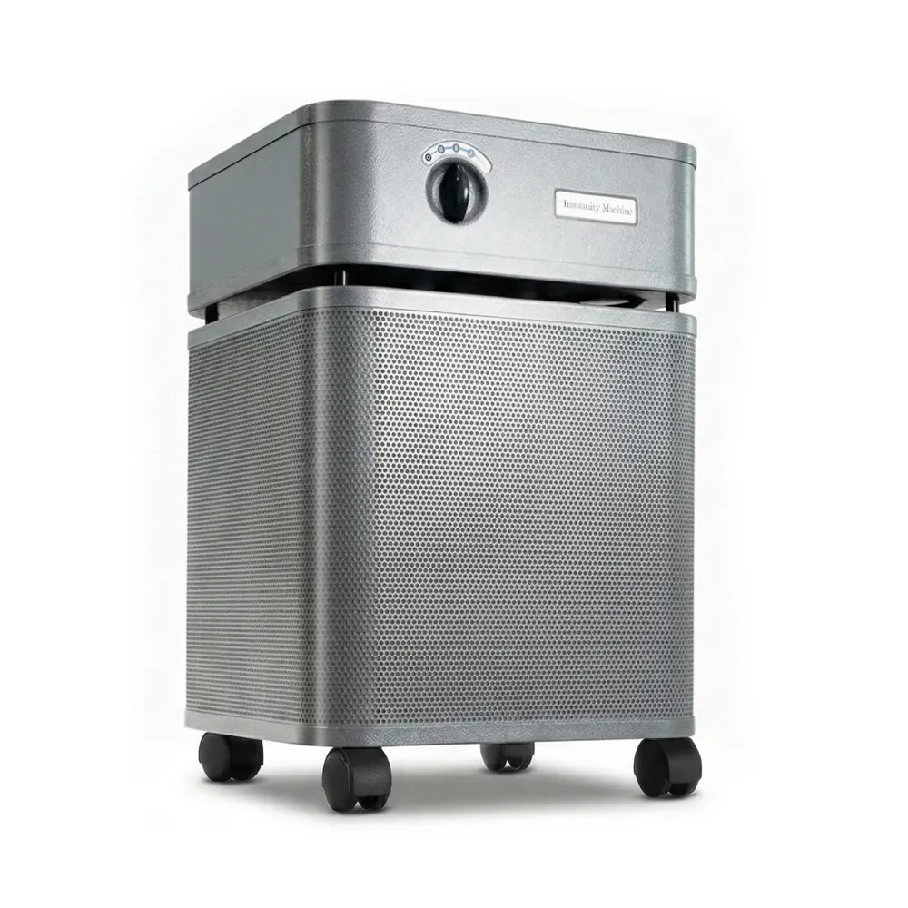 Silver Austin Immunity Machine air purifier at 3/4 angle on a white background