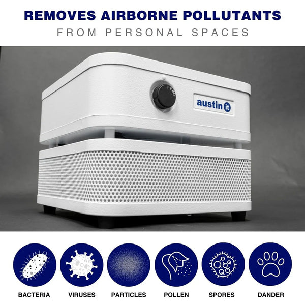 Austin It Air purifier featuring icons of pollutants it removes.