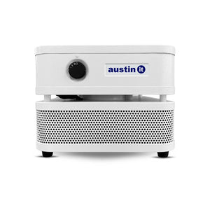 White air purifier with 'austin it' logo on a white background