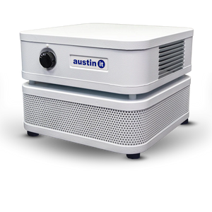 White air purifier with 'austin it' logo on a white background