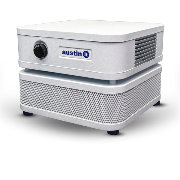 White air purifier with 'austin it' logo on a white background