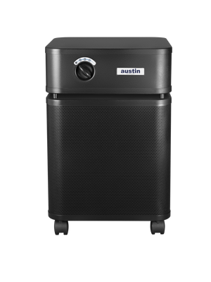 Black rectangular Austin air purifier on a white background facing front