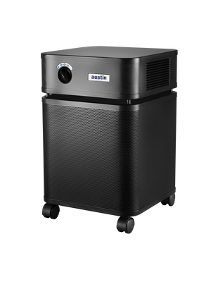Black rectangular Austin air purifier on a white background facing left 3/4