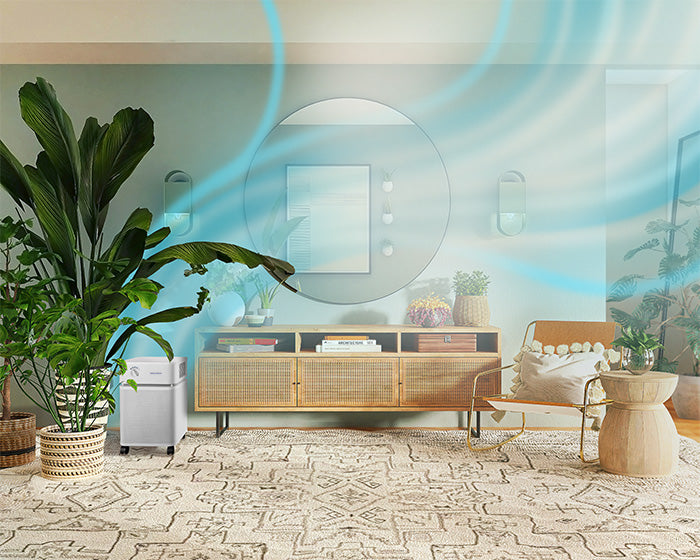 Modern medium size living room with a TV, cabinet, decorative items and blue wavy blue air lines