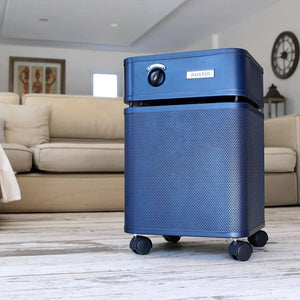 Blue air purifier in a living room setting