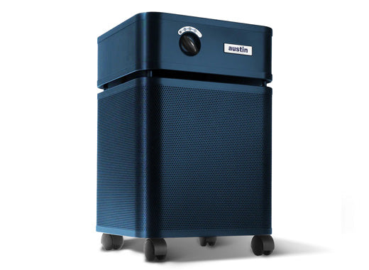 Blue metallic air purifier on a white background