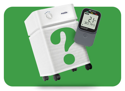 White air purifier and IAQ device with a green question mark