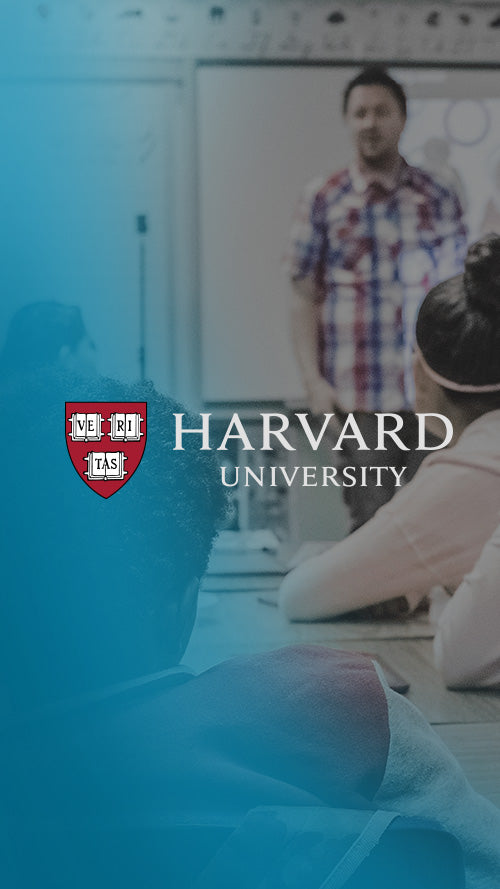 Graphic of the Harvard University overlayed on a classroom teacher and students