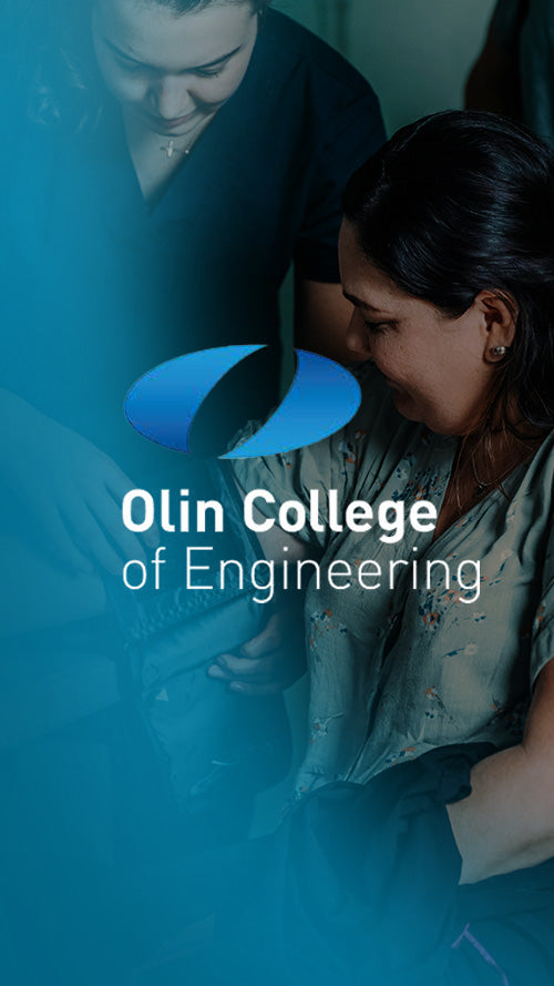 Graphic of the Olin College of Engineering Logo overlayed on a woman getting her blood pressure taken by a nurse