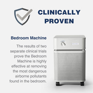 Air purifier with graphics and text indicating clinical proven effectiveness in removing airborne pollutants from bedrooms.