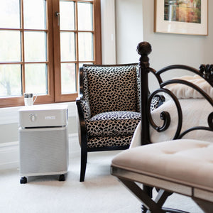 Austin Air purifier in a bedroom with furniture and a window.