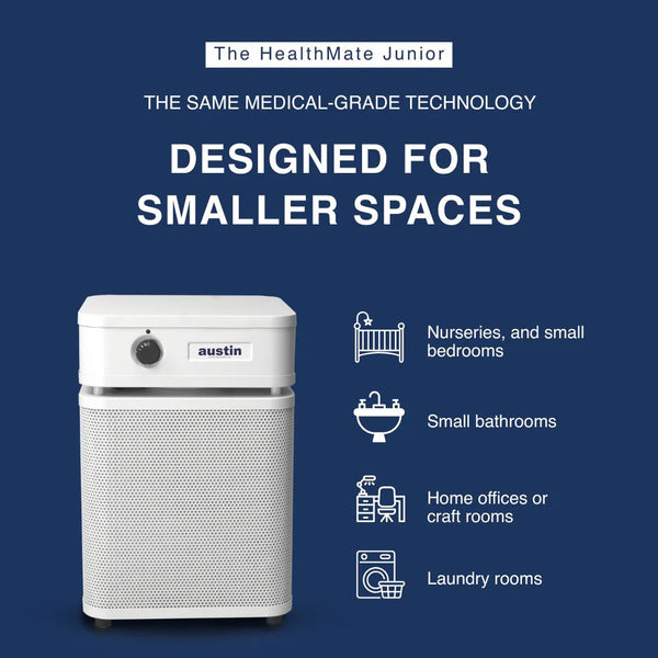 Air purifier with 'The HealthMate Junior' branding on a blue background