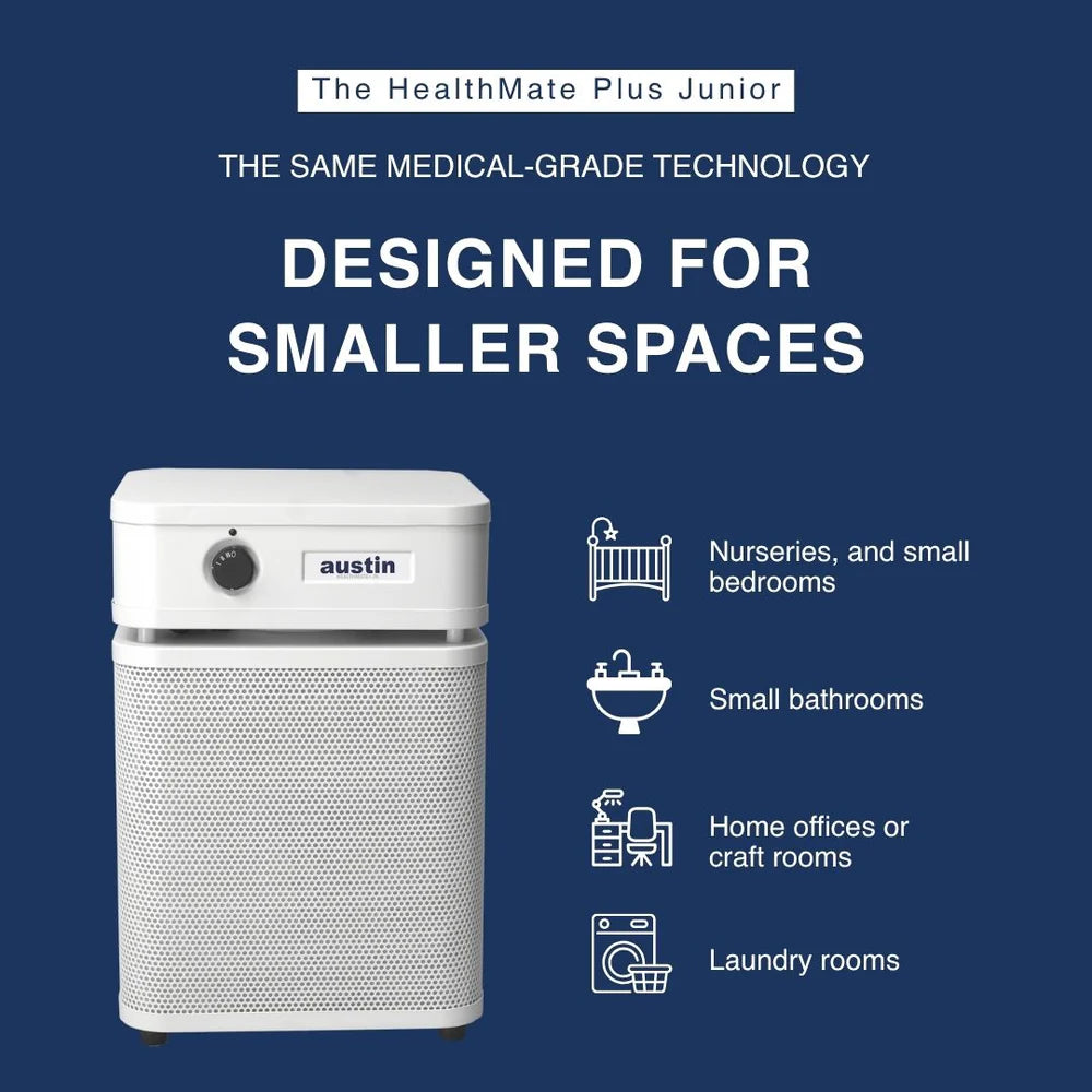 Air purifier with text on a blue background