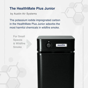 Austin Air HealthMate Plus Junior air purifier on a white background with text about its use.