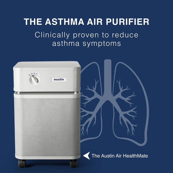 the Asthma air purifier with lungs illustration on a blue background