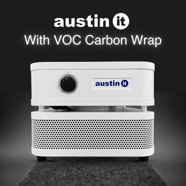White Austin air purifier on a black background
