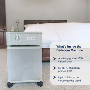 What's inside the bedroom machine? Infographic over a picture of an Air purifier by a bed