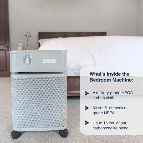 What's inside the bedroom machine? Infographic over a picture of an Air purifier by a bed