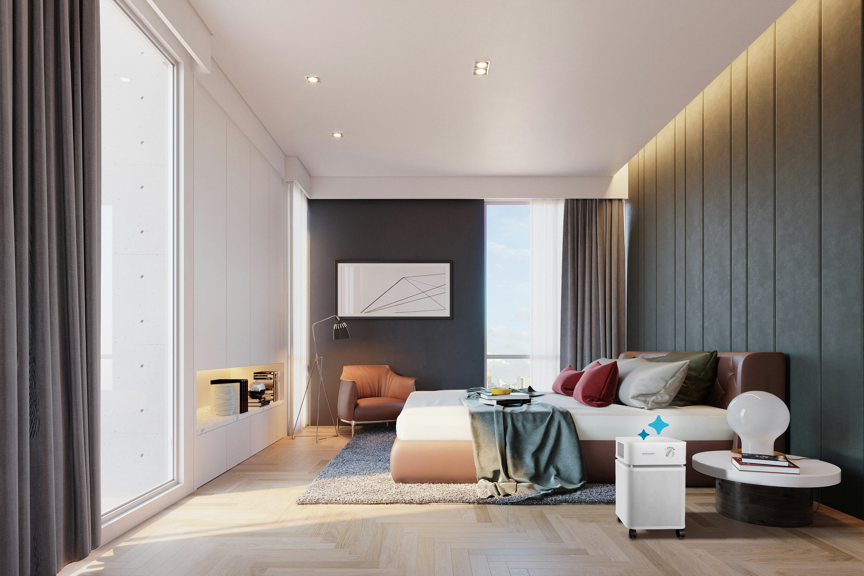 Modern bedroom with a bed, nightstand and sunshine by a window showing the clean air with no dust and an air purifier next to the bed with little blue sparkles above it