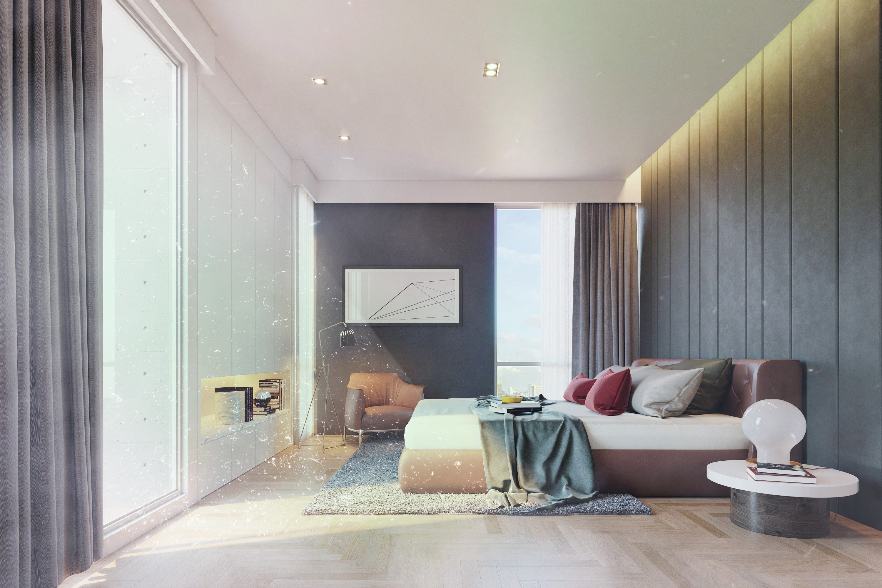 Modern bedroom with a bed, nightstand and sunshine by a window showing dust in the air