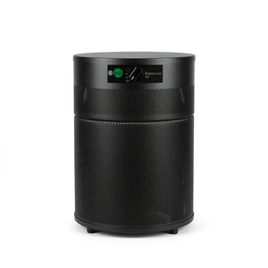 Black cylindrical air purifier on a white background