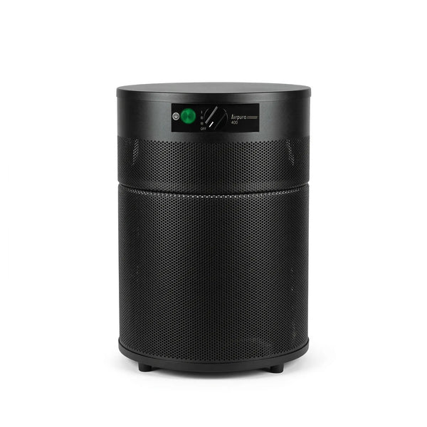 Black cylindrical air purifier on a white background