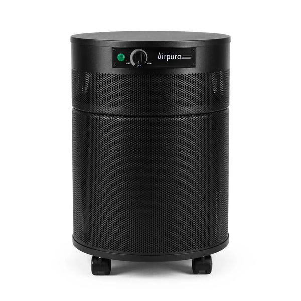 Black Airpura air purifier on a white background
