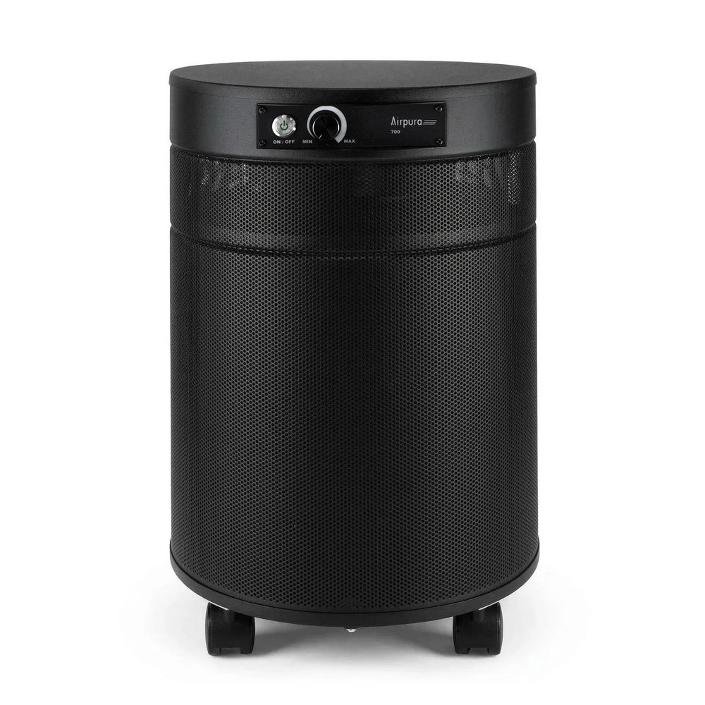 Beige cylindrical air purifier on a white background