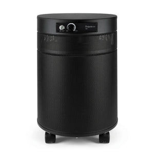 Black cylindrical air purifier on a white background