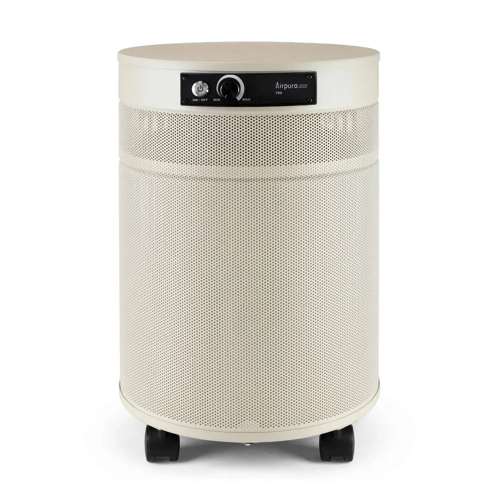 Beige cylindrical air purifier on a white background
