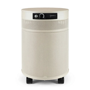 Beige cylindrical air purifier on a white background