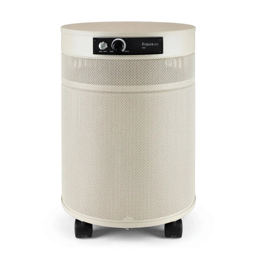 Beige cylindrical air purifier on a white background